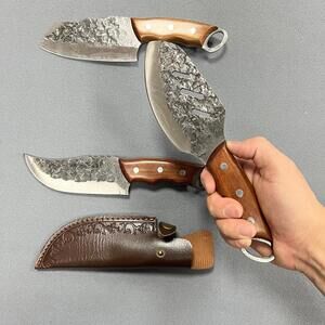 3 Piece Kitchen Knife Set - Hammered High Carbon Butcher Knives with Pouch